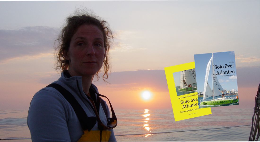Pia L'Obry at sea at sunset, with the book Solo över Atlanten